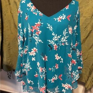 Lane Bryant 2XL Teal Floral Blouse Ruffle Sleeve Sheer Overlay Sz 18/20